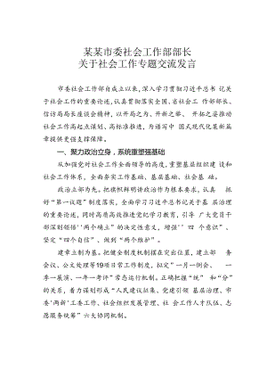 某某市委社会工作部部长关于社会工作专题交流发言.docx