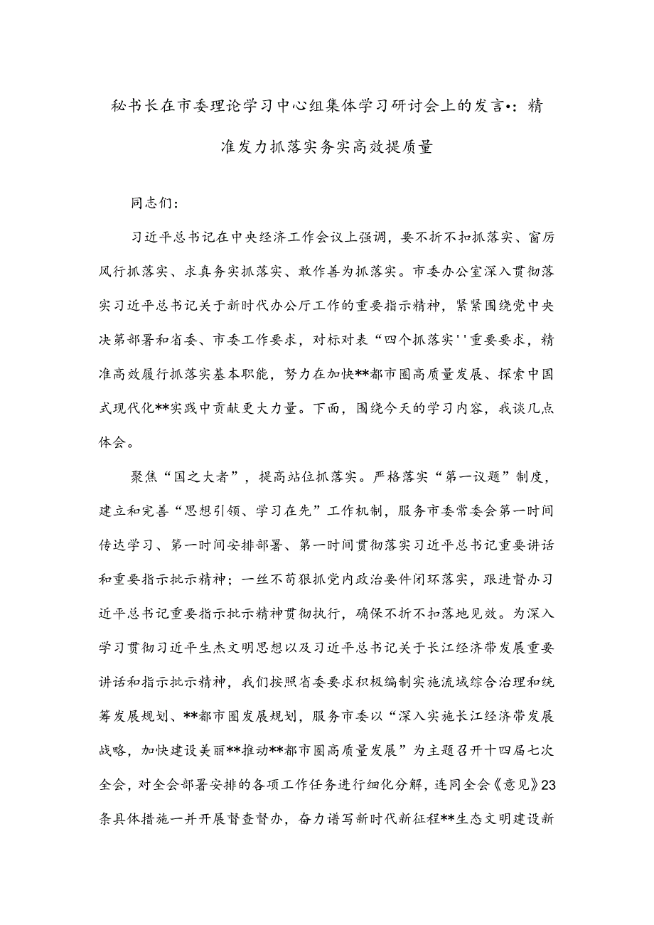 秘书长在市委理论学习中心组集体学习研讨会上的发言：精准发力抓落实务实高效提质量.docx_第1页