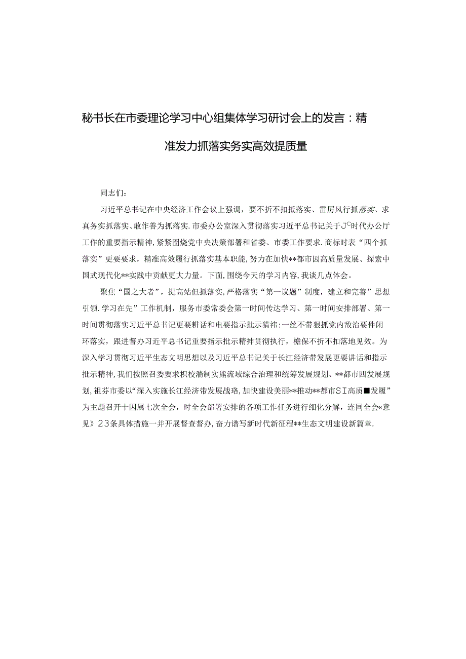 秘书长在市委理论学习中心组集体学习研讨会上的发言：精准发力抓落实 务实高效提质量.docx_第1页