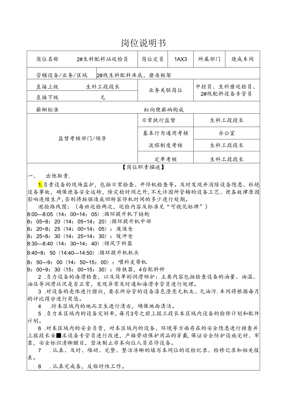 故城山水水泥2＃生料配料站巡检员岗 位 说 明 书.docx_第1页