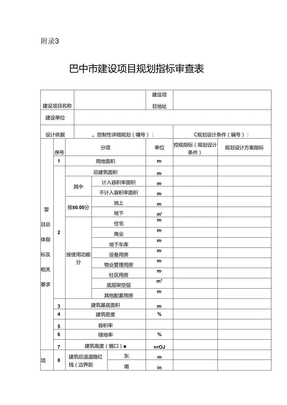 巴中市建设项目规划指标审查表.docx_第1页