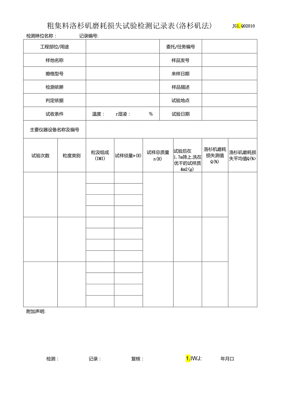 粗集料洛杉矶磨耗损失试验检测记录表(洛杉矶法).docx_第1页