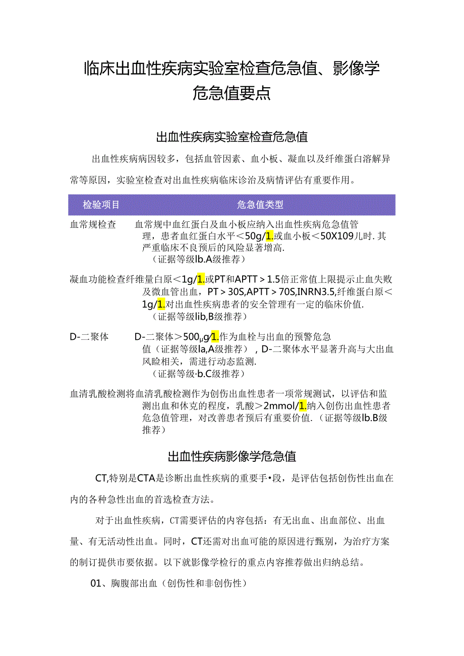 临床出血性疾病实验室检查危急值、影像学危急值要点.docx_第1页