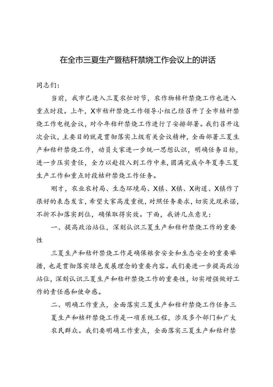 2篇 2024年在全市三夏生产暨秸秆禁烧工作会议上的讲话.docx_第1页