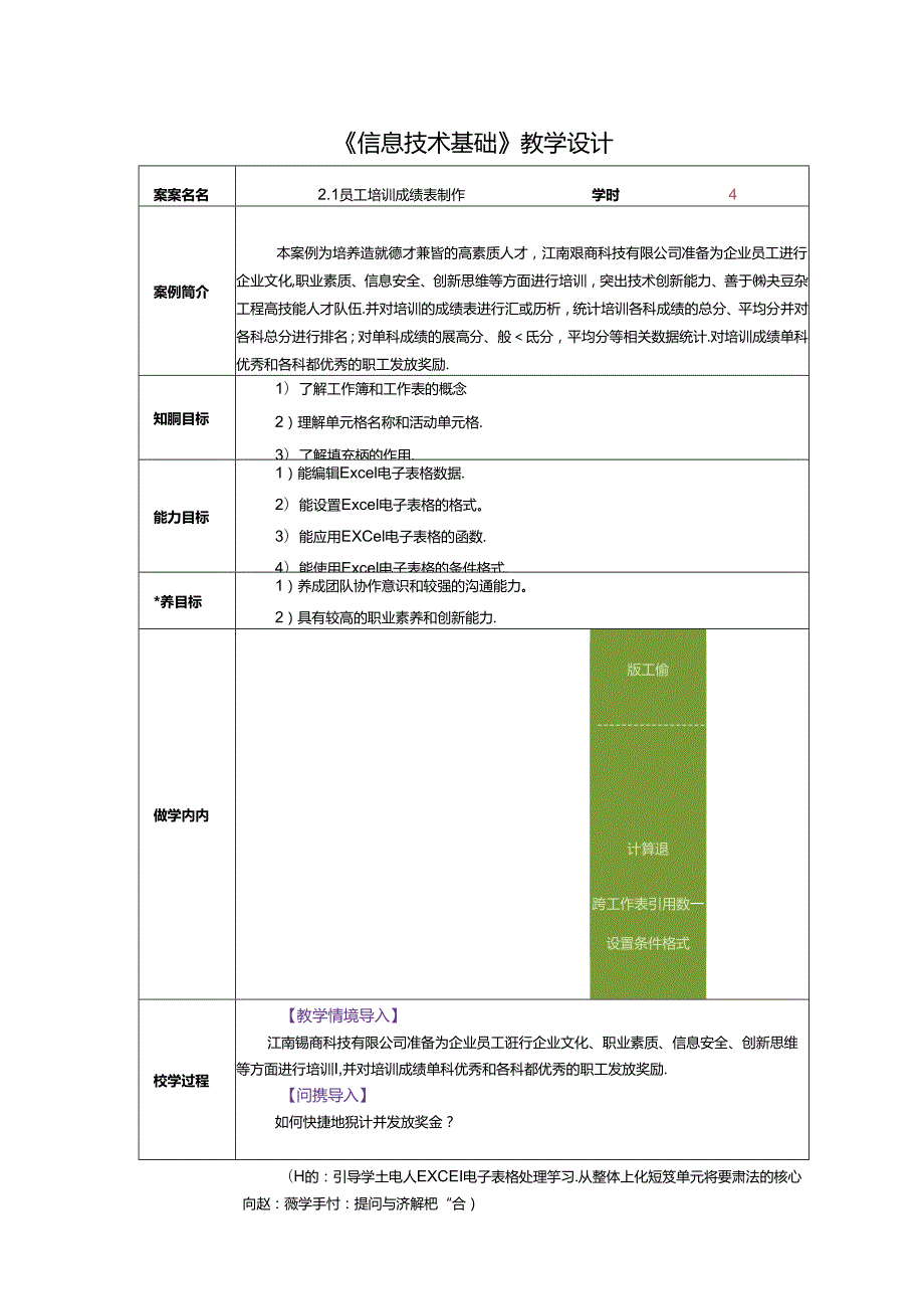 信息技术基础 教案-教学设计 单元2 电子表格处理.docx_第1页