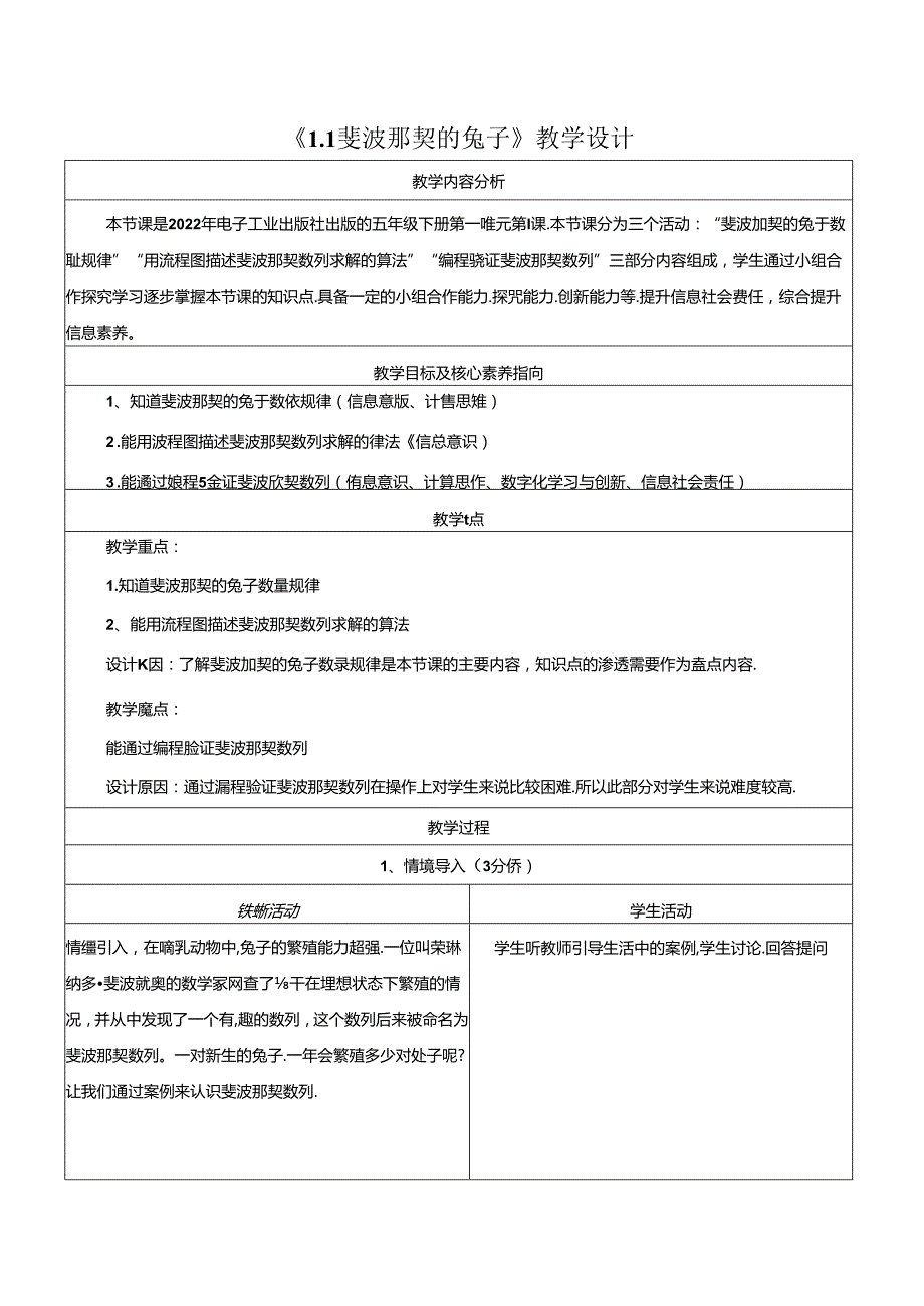 1.1斐波那契的兔子 教学设计 电子工业版 五年级下册.docx_第1页