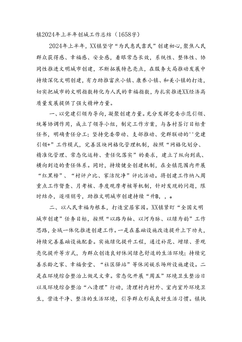 镇2024年上半年创城工作总结（1658字）.docx_第1页