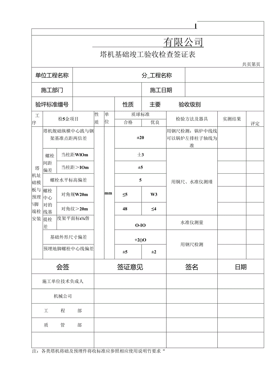 塔机基础竣工验收检查签证表、塔机基础二次浇灌前检查签证表.docx_第1页