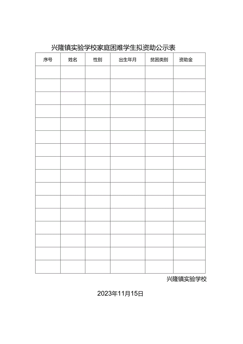 兴隆镇实验学校家庭困难学生拟资助公示表.docx_第1页