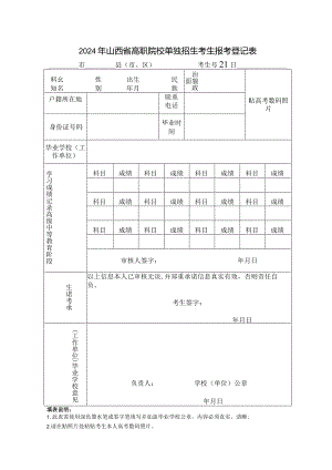 2024年山西省高职院校单独招生考生报考登记表.docx