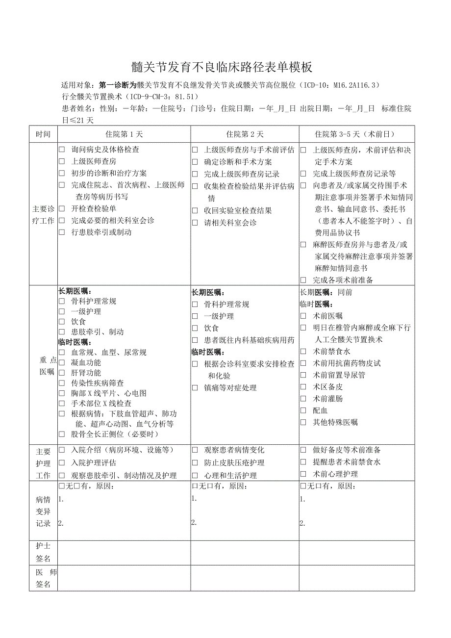 髋关节发育不良临床路径表单模板.docx_第1页