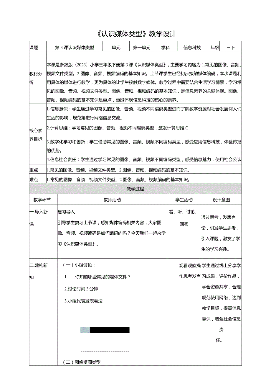 浙教版信息科技三下第3课认识媒体类型教学设计（表格式）.docx_第1页