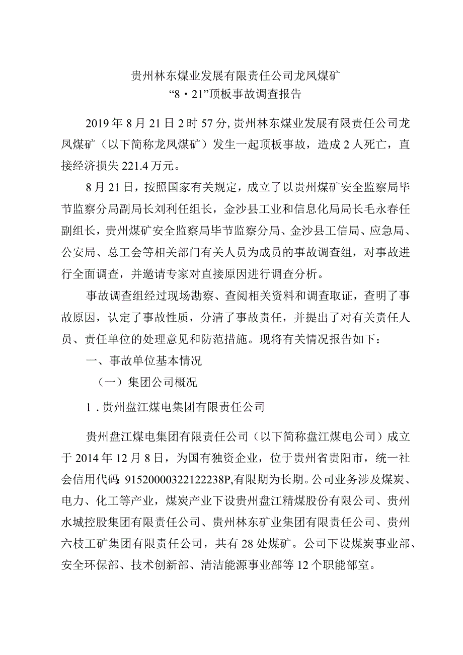 贵州林东煤业发展有限责任公司龙凤煤矿“8·21”顶板事故调查报告.docx_第1页