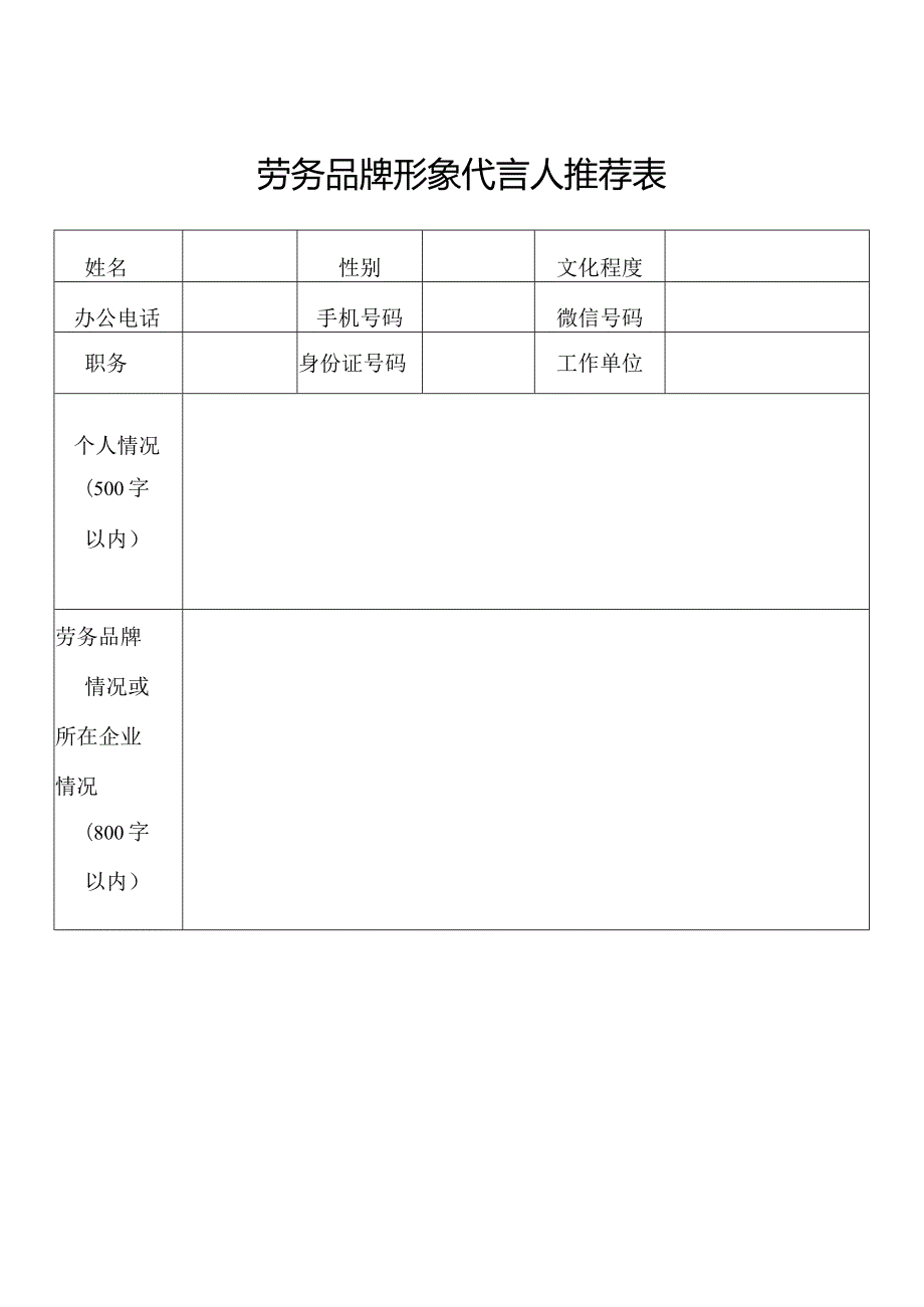 劳务品牌形象代言人推荐表.docx_第1页