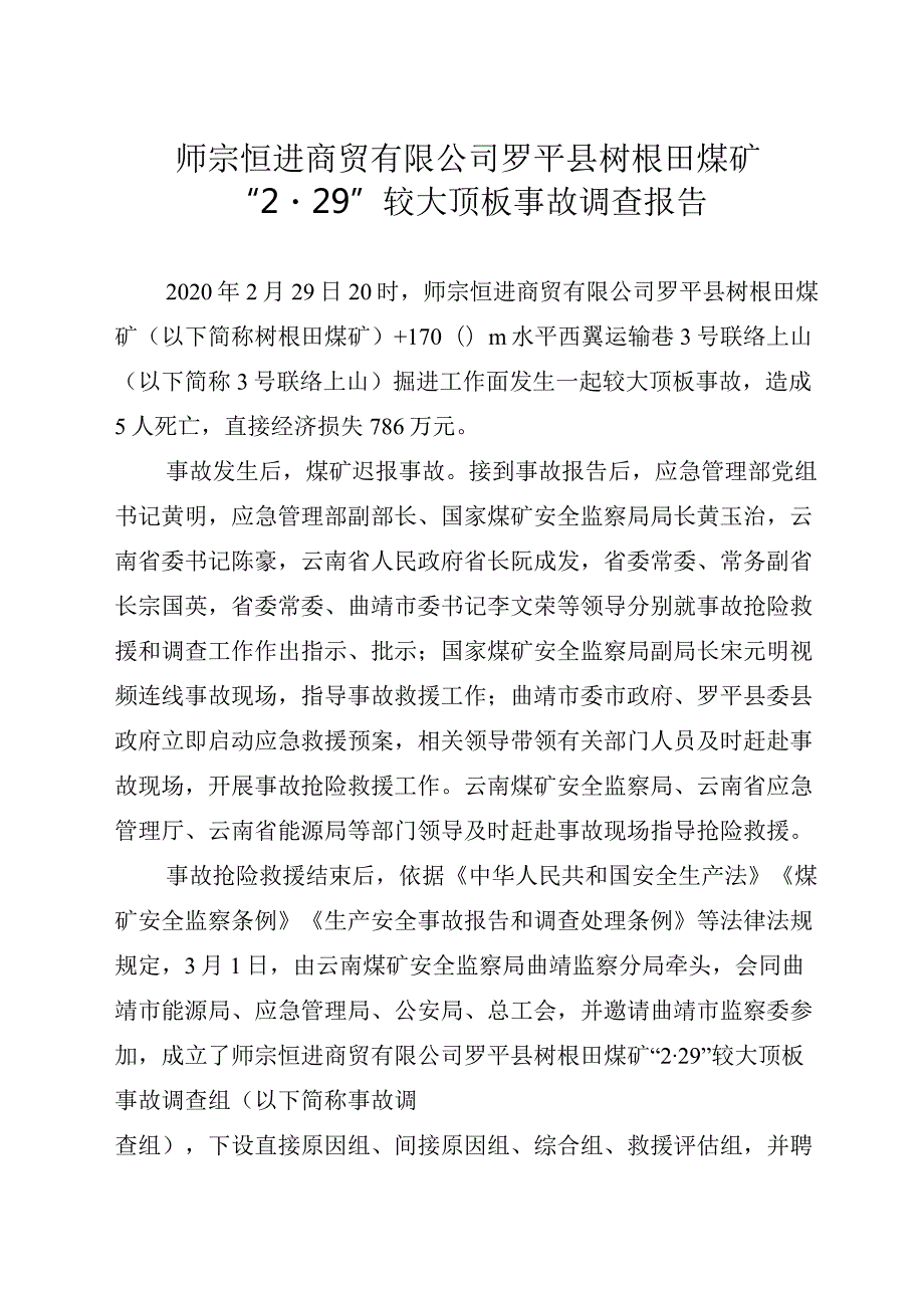 师宗恒进商贸有限公司罗平县树根田煤矿“2·29”较大顶板事故调查报告.docx_第1页