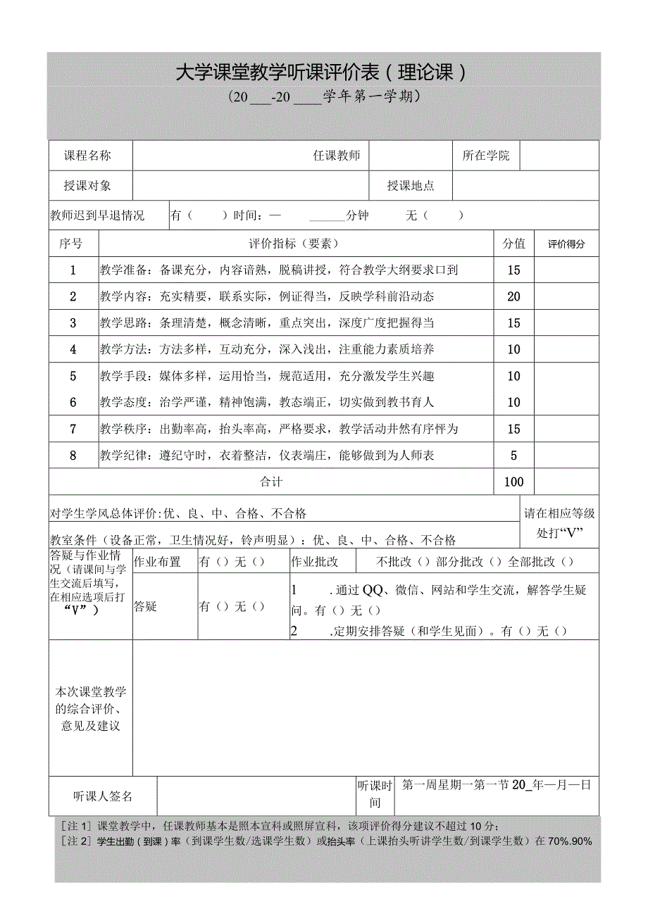 大学听课评价表（理论课）2024版.docx_第1页