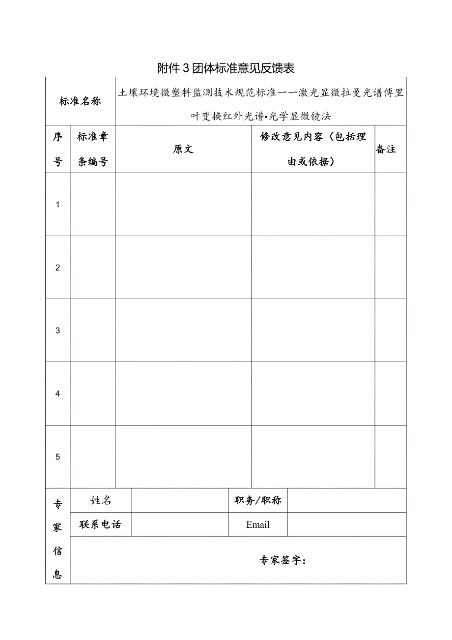 附件3《土壤环境微塑料监测技术规范标准——激光显微拉曼光谱傅里叶变换红外光谱-光学显微镜法》意见反馈表.docx_第1页