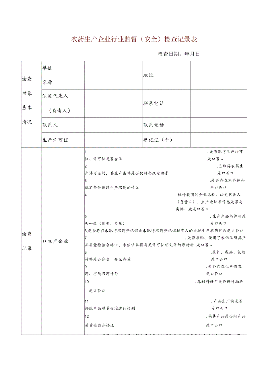 农药生产企业行业监督（安全）检查记录表.docx_第1页