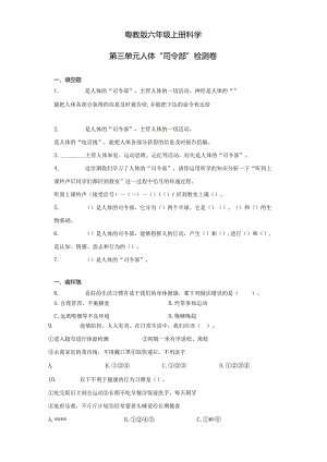 粤教版六年级上册科学第三单元人体“司令部”检测题(含答案).docx