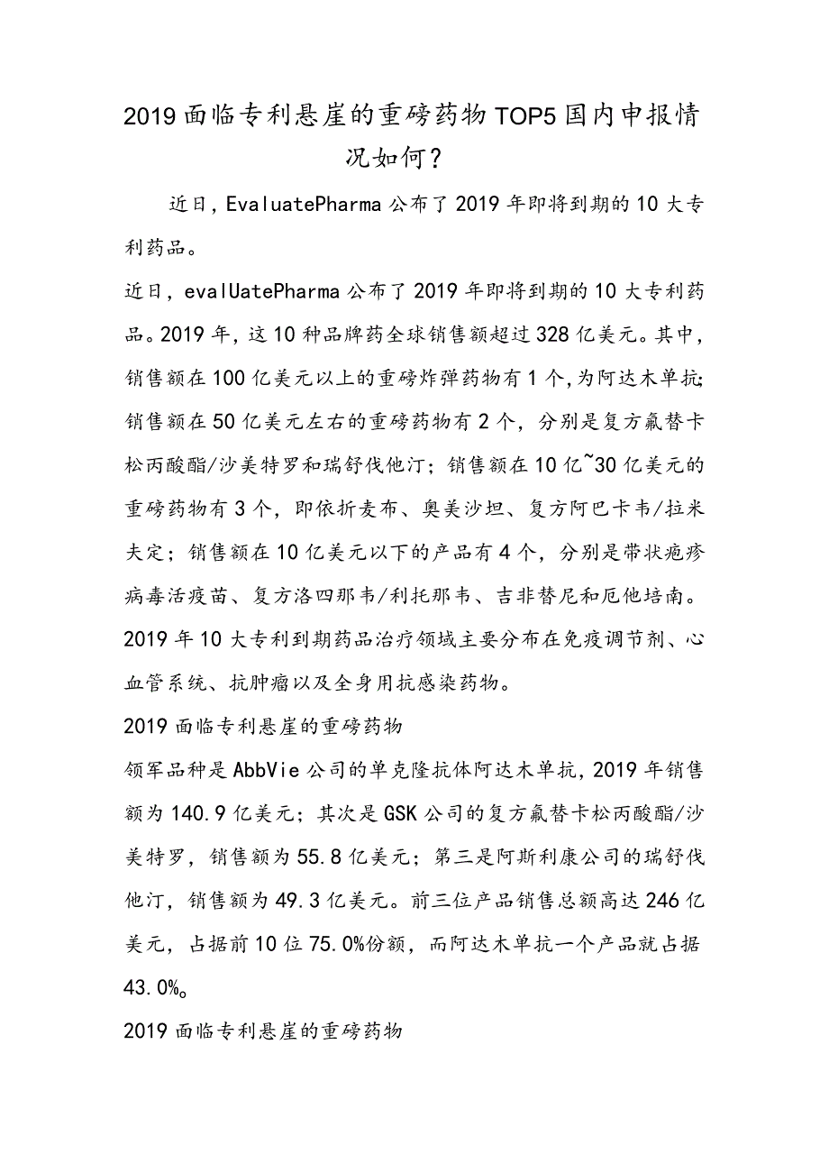 面临专利悬崖的重磅药物Top5国内申报情况如何？.docx_第1页