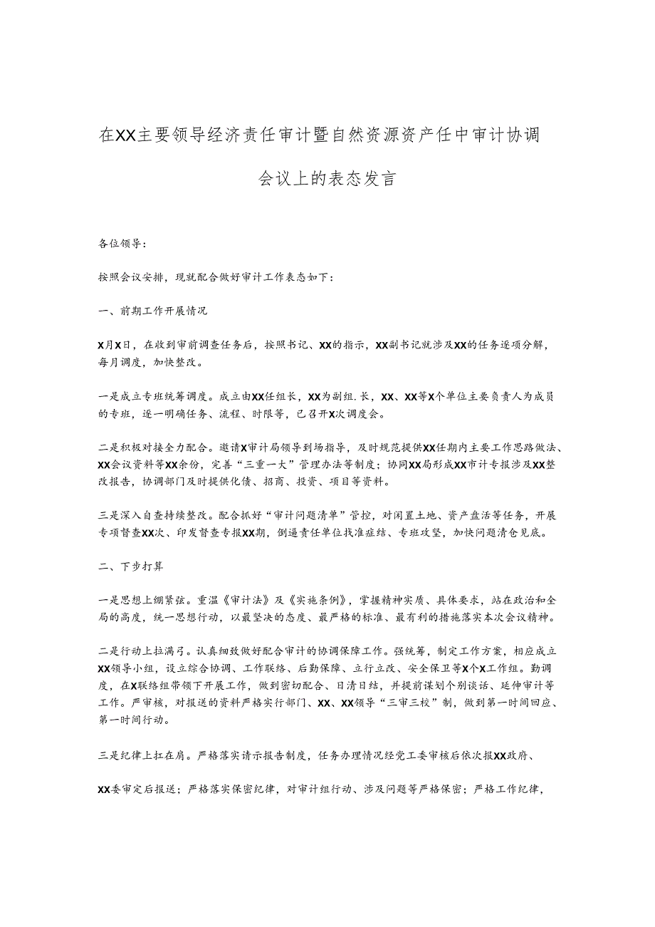 在XX主要领导经济责任审计暨自然资源资产任中审计协调会议上的表态发言.docx_第1页