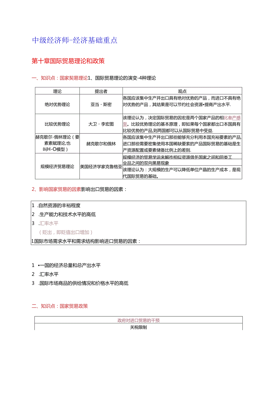 2024年中级经济基础 第十章 国际贸易理论和政策 重点.docx_第1页