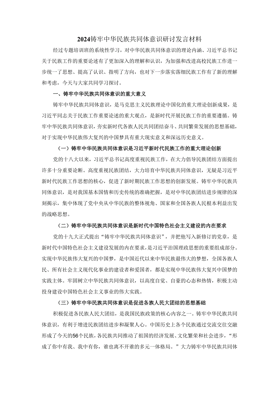 2024铸牢中华民族共同体意识研讨发言材料.docx_第1页