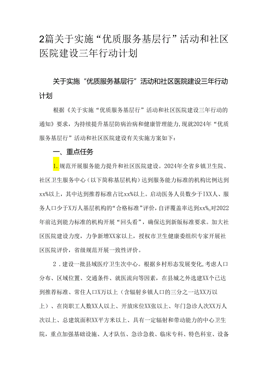 2篇关于实施“优质服务基层行”活动和社区医院建设三年行动计划.docx_第1页