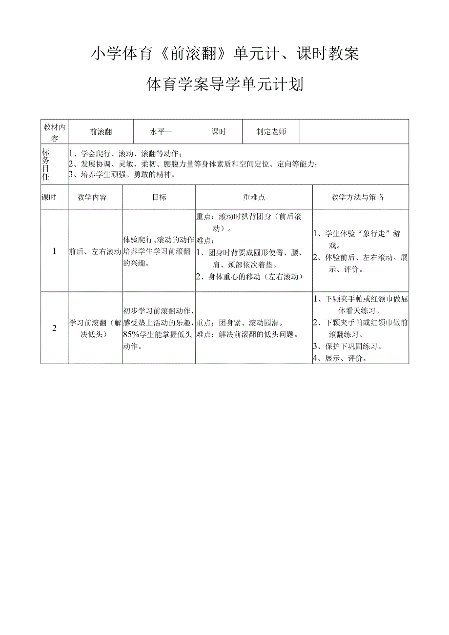 小学体育《前滚翻》单元-课时-教案.docx_第1页