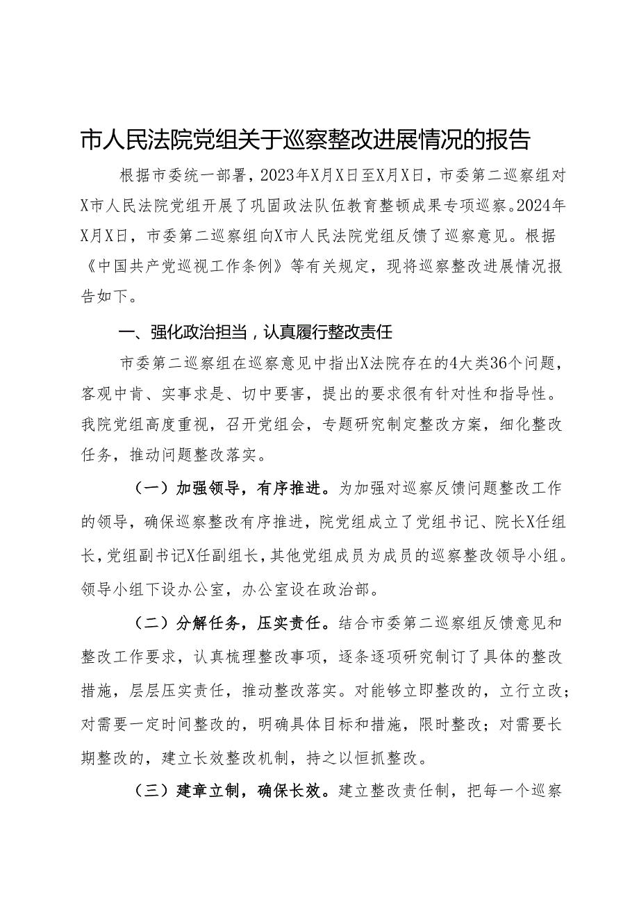 市人民法院党组关于巡察整改进展情况的报告.docx_第1页