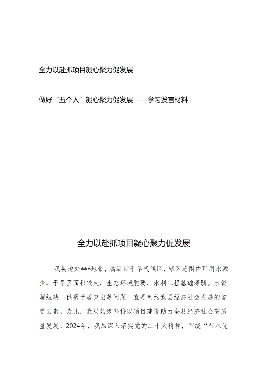 全力以赴抓项目凝心聚力促发展和做好“五个人”凝心聚力促发展——学习发言材料.docx_第1页