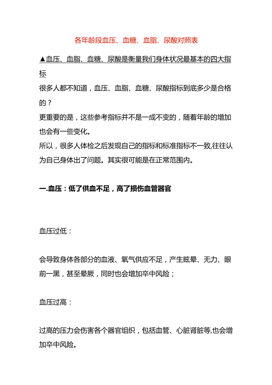 各年龄段血压、血糖、血脂、尿酸对照表.docx_第1页