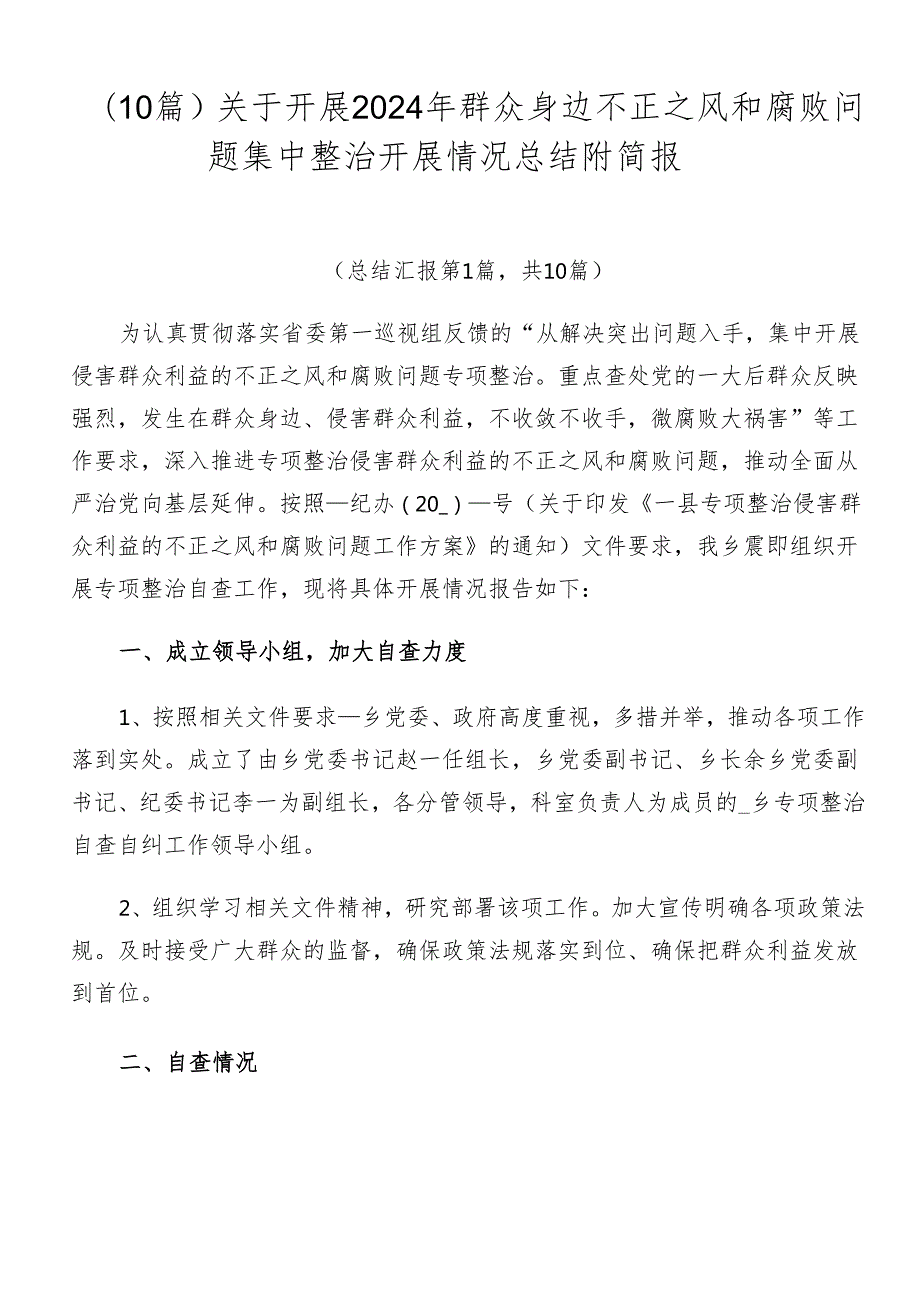 （10篇）关于开展2024年群众身边不正之风和腐败问题集中整治开展情况总结附简报.docx_第1页