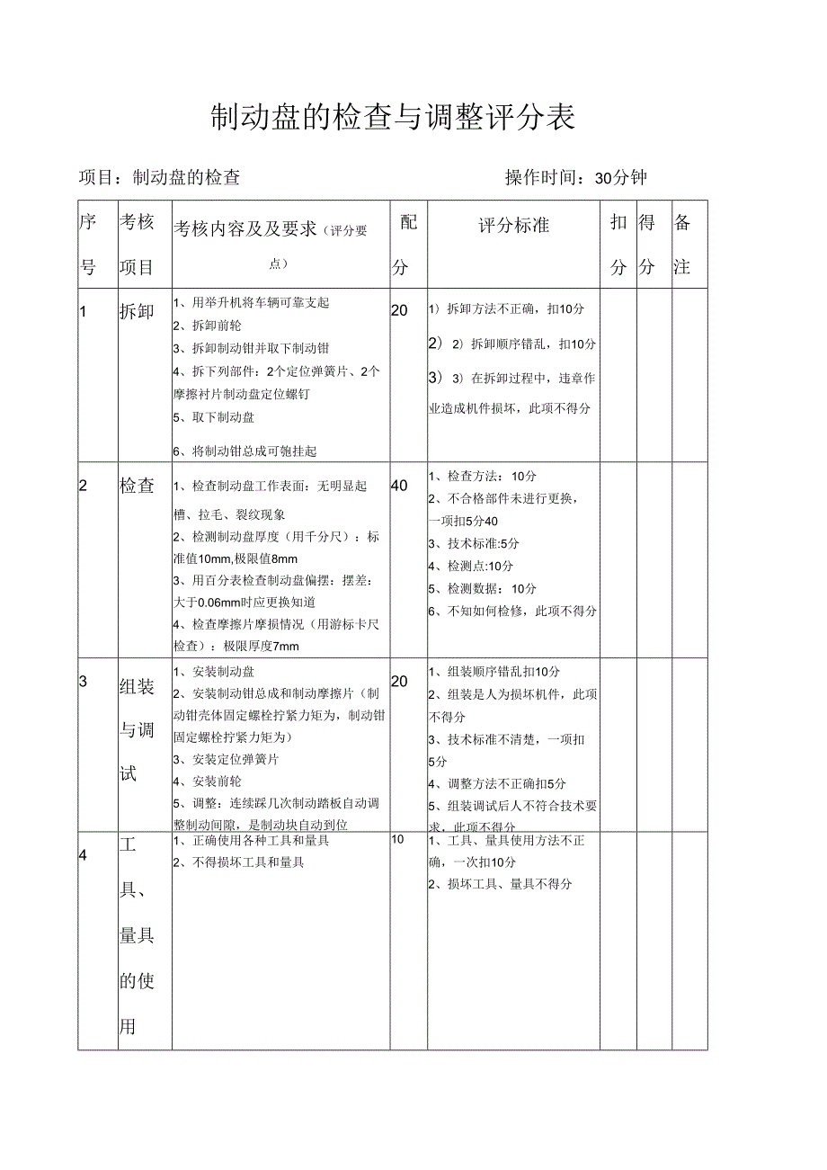 制动盘的检查与调整评分表.docx_第1页