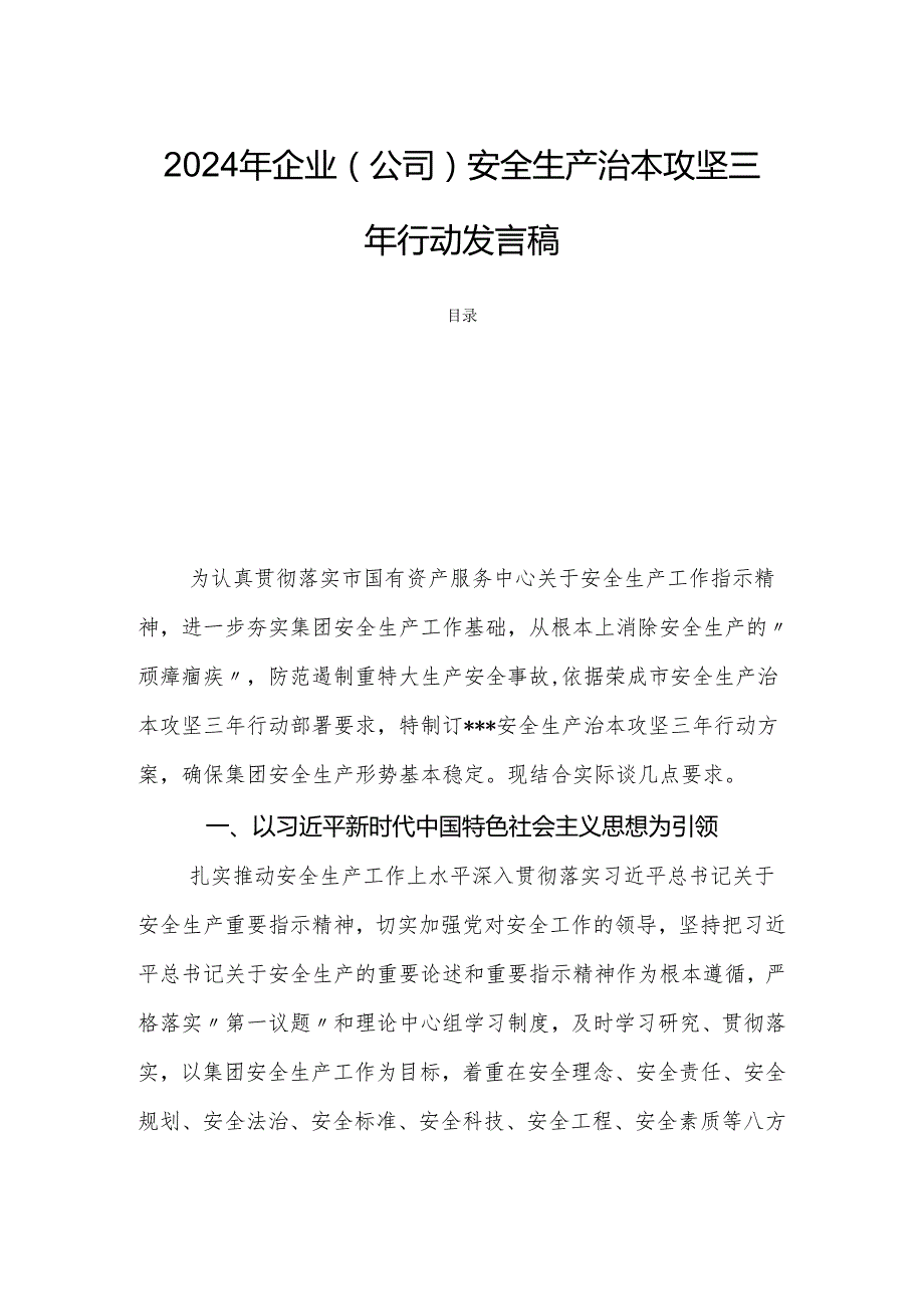 2024年企业（公司）安全生产治本攻坚三年行动发言稿.docx_第1页