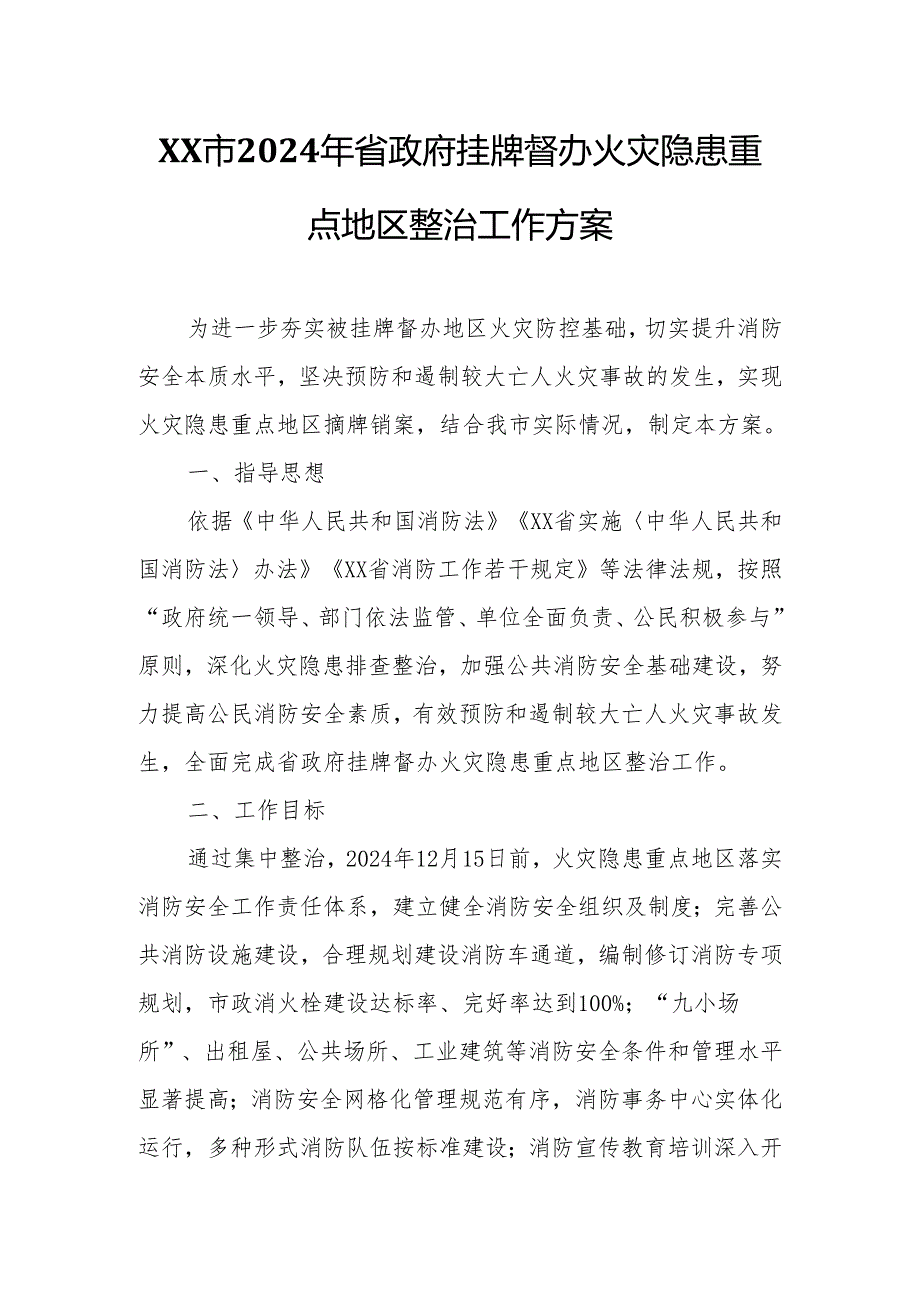 XX市2024年省政府挂牌督办火灾隐患重点地区整治工作方案.docx_第1页