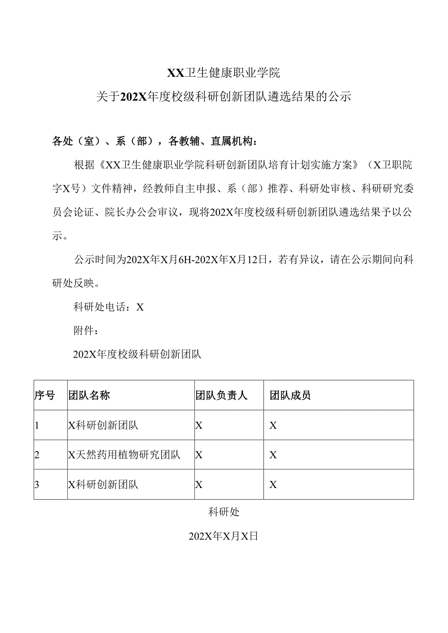 XX卫生健康职业学院关于202X年度校级科研创新团队遴选结果的公示（2024年）.docx_第1页