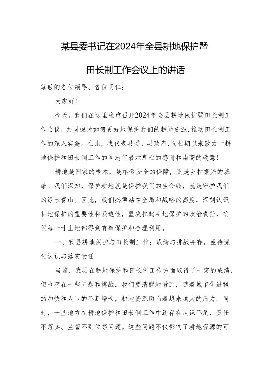 某县委书记在2024年全县耕地保护暨田长制工作会议上的讲话.docx_第1页