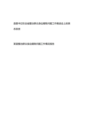 县委书记在全省整治群众身边腐败问题工作推进会上的表态发言、某县整治群众身边腐败问题工作情况报告.docx