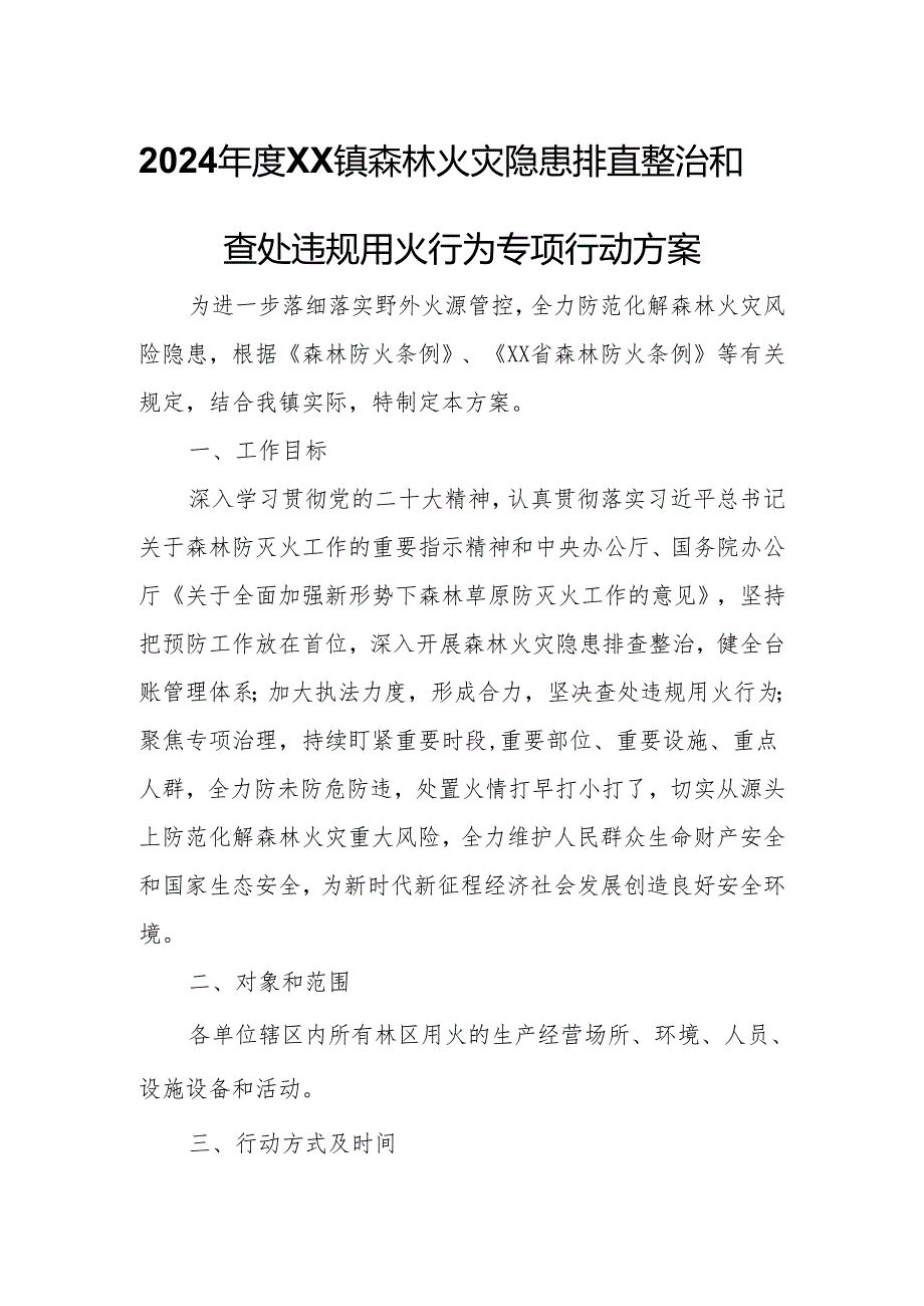 2024年度XX镇森林火灾隐患排查整治和查处违规用火行为专项行动方案.docx_第1页