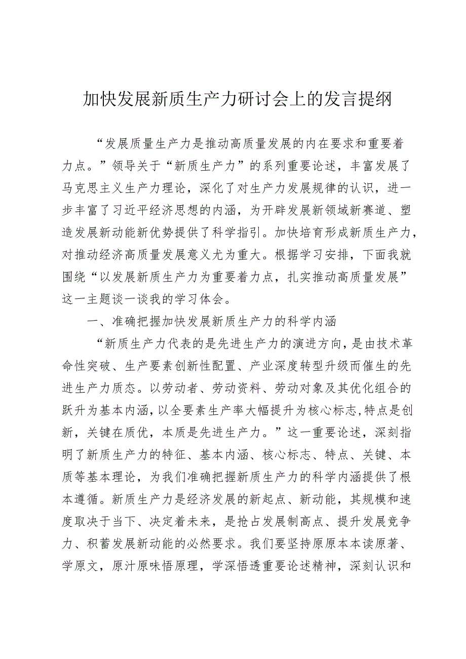 加快发展新质生产力研讨会上的发言提纲.docx_第1页