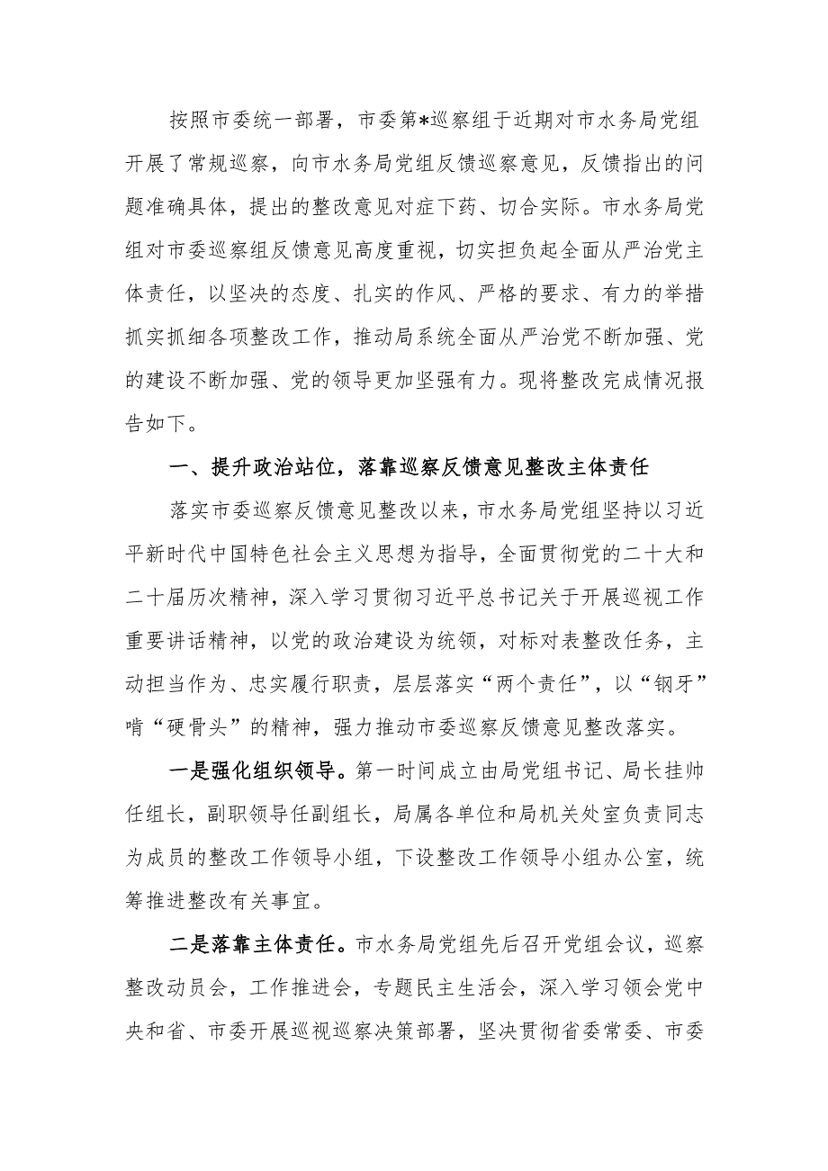 水务局党组关于落实巡察反馈意见整改情况的报告.docx_第1页