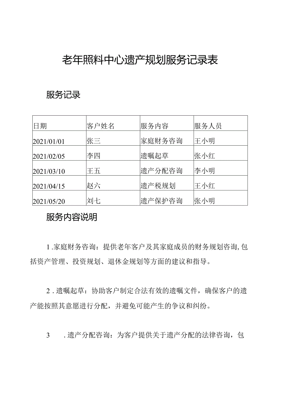 老年照料中心遗产规划服务记录表.docx_第1页