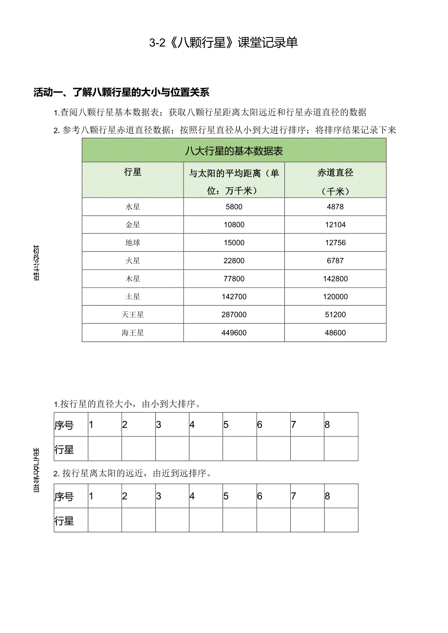 教科版小学六年级科学下册宇宙单元八颗行星课堂记录单.docx_第1页