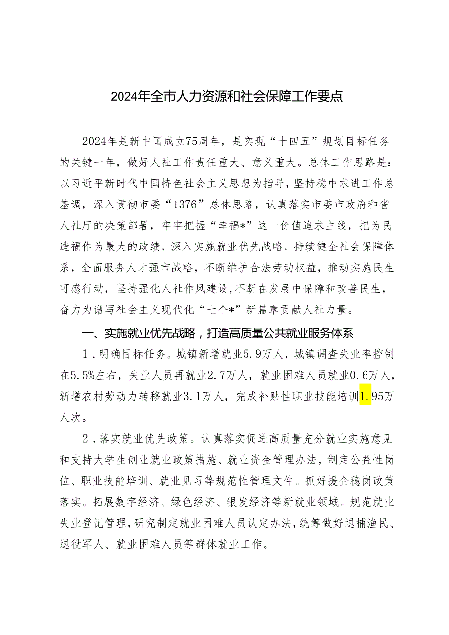 （2篇）2024年全市人力资源和社会保障工作要点.docx_第1页