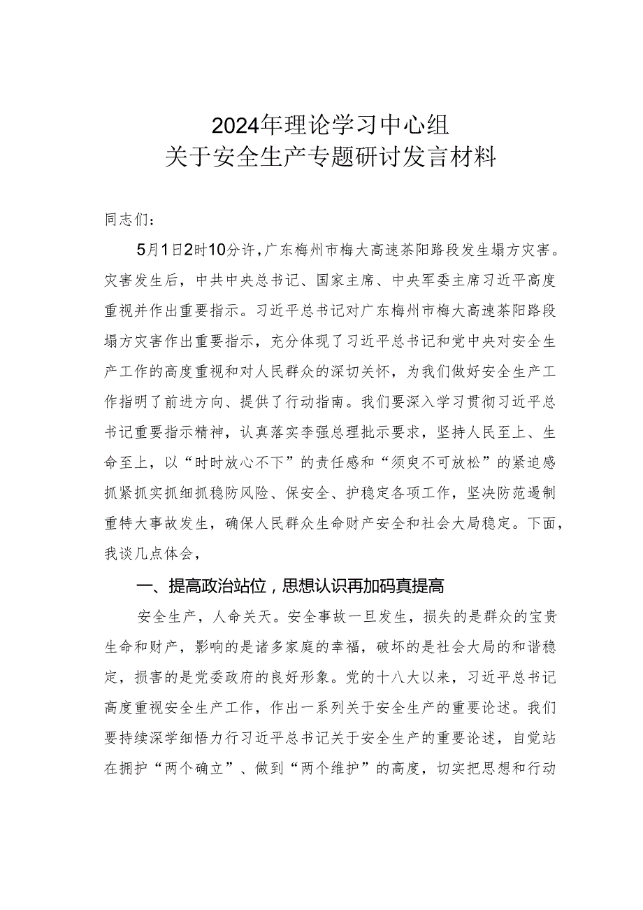 2024年理论学习中心组关于安全生产专题研讨发言材料.docx_第1页