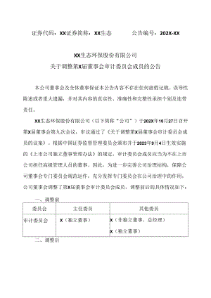 XX生态环保股份有限公司关于调整第X届董事会审计委员会成员的公告（2024年）.docx