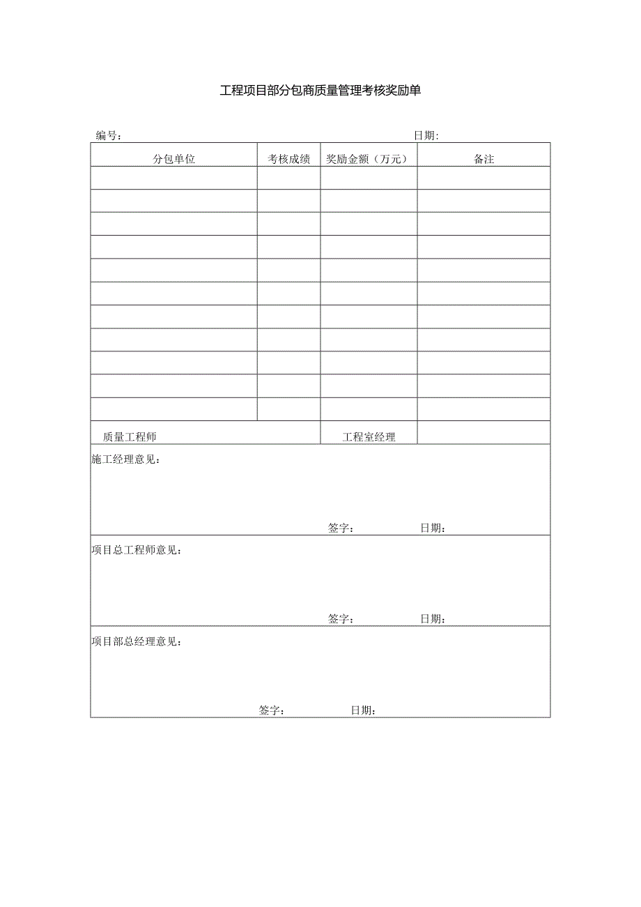 工程项目部分包商质量管理考核奖励单.docx_第1页