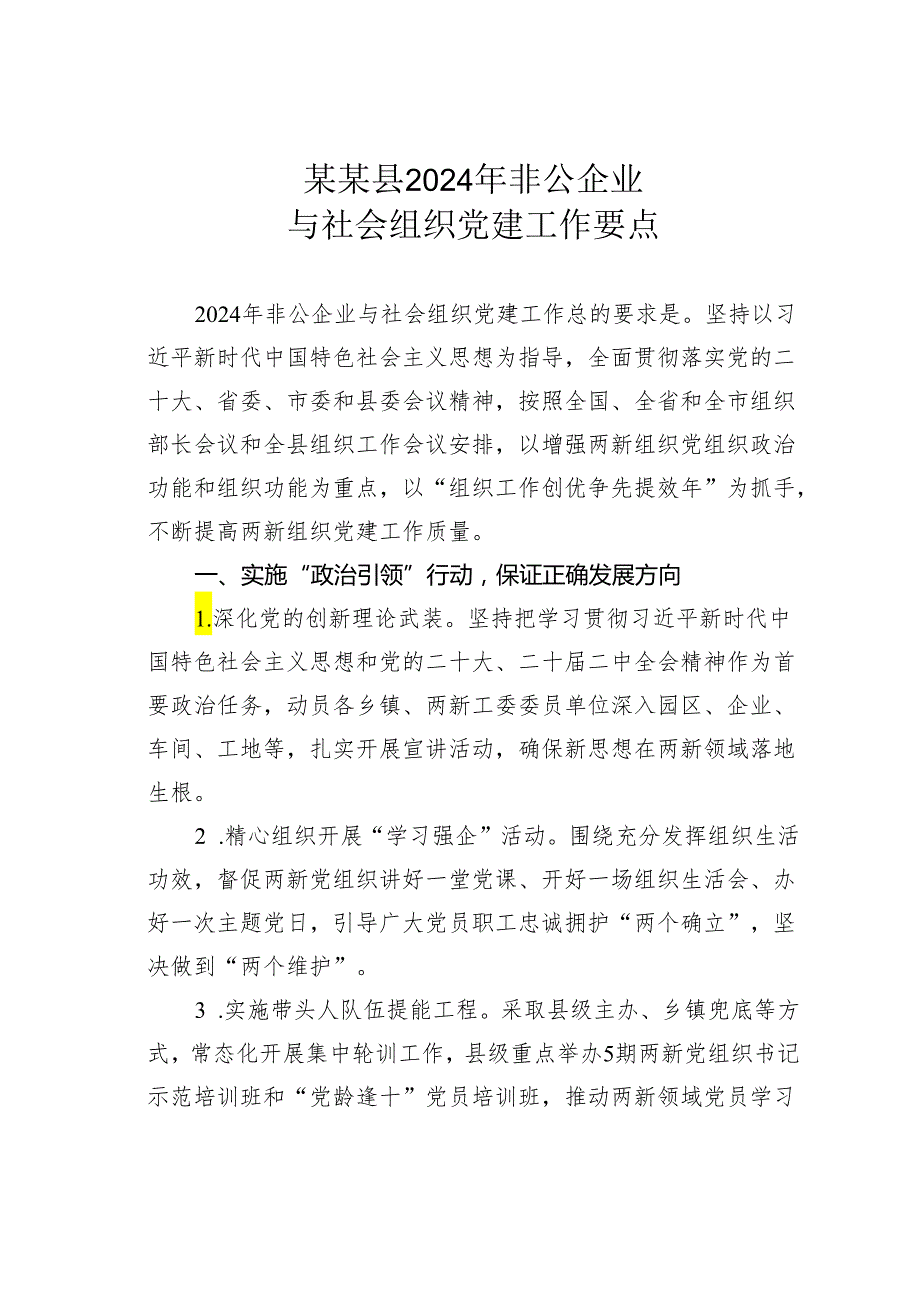 某某县2024年非公企业与社会组织党建工作要点.docx_第1页