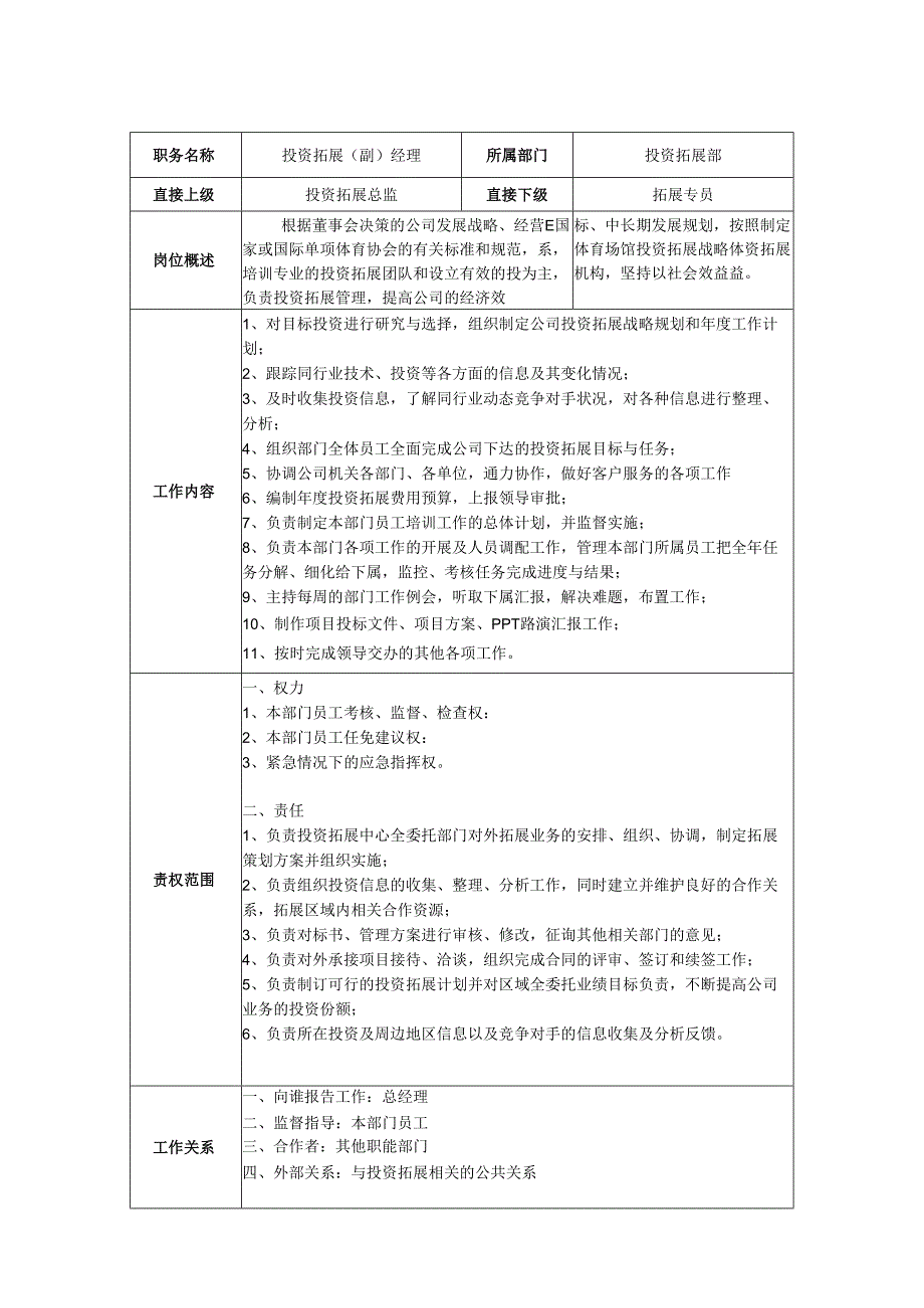 投资拓展部（副）经理-岗位职责说明书.docx_第1页